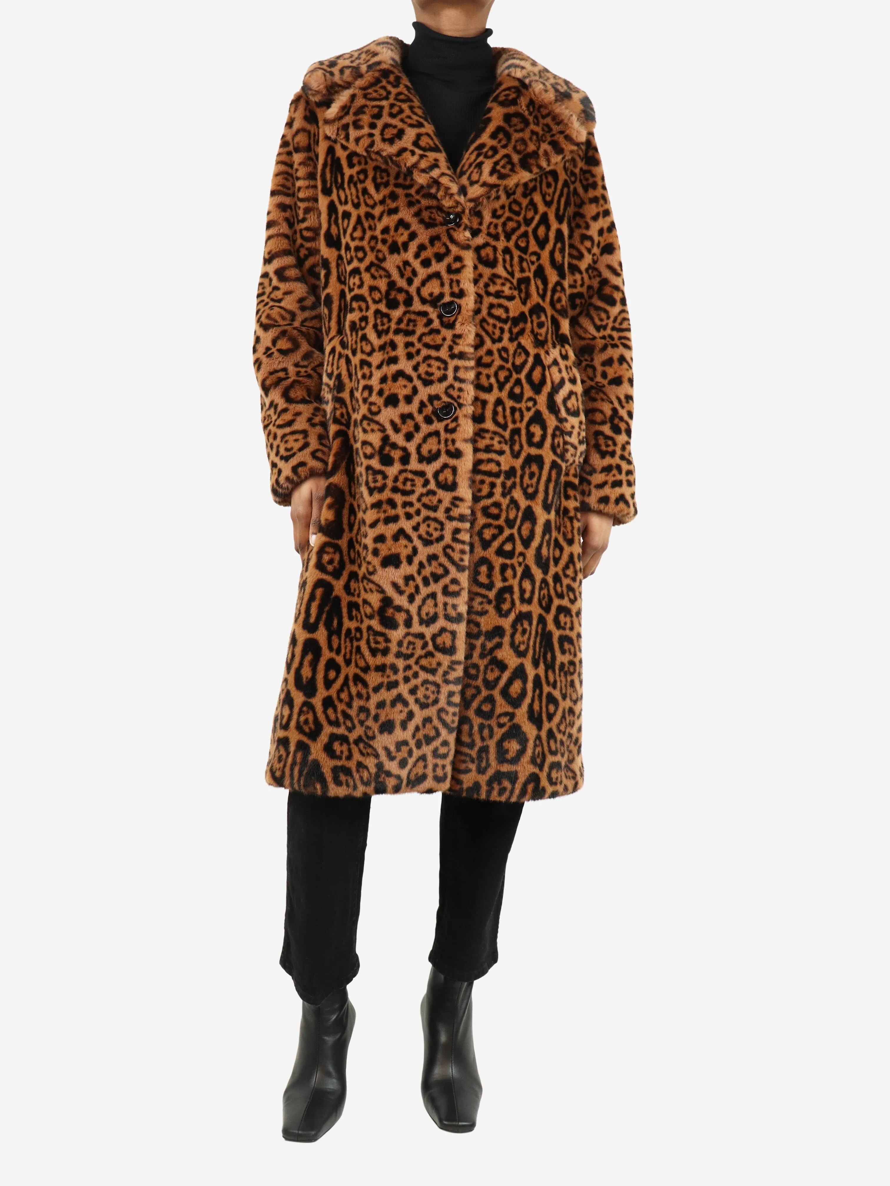 Brown Fanny faux fur leopard print coat - size UK 6