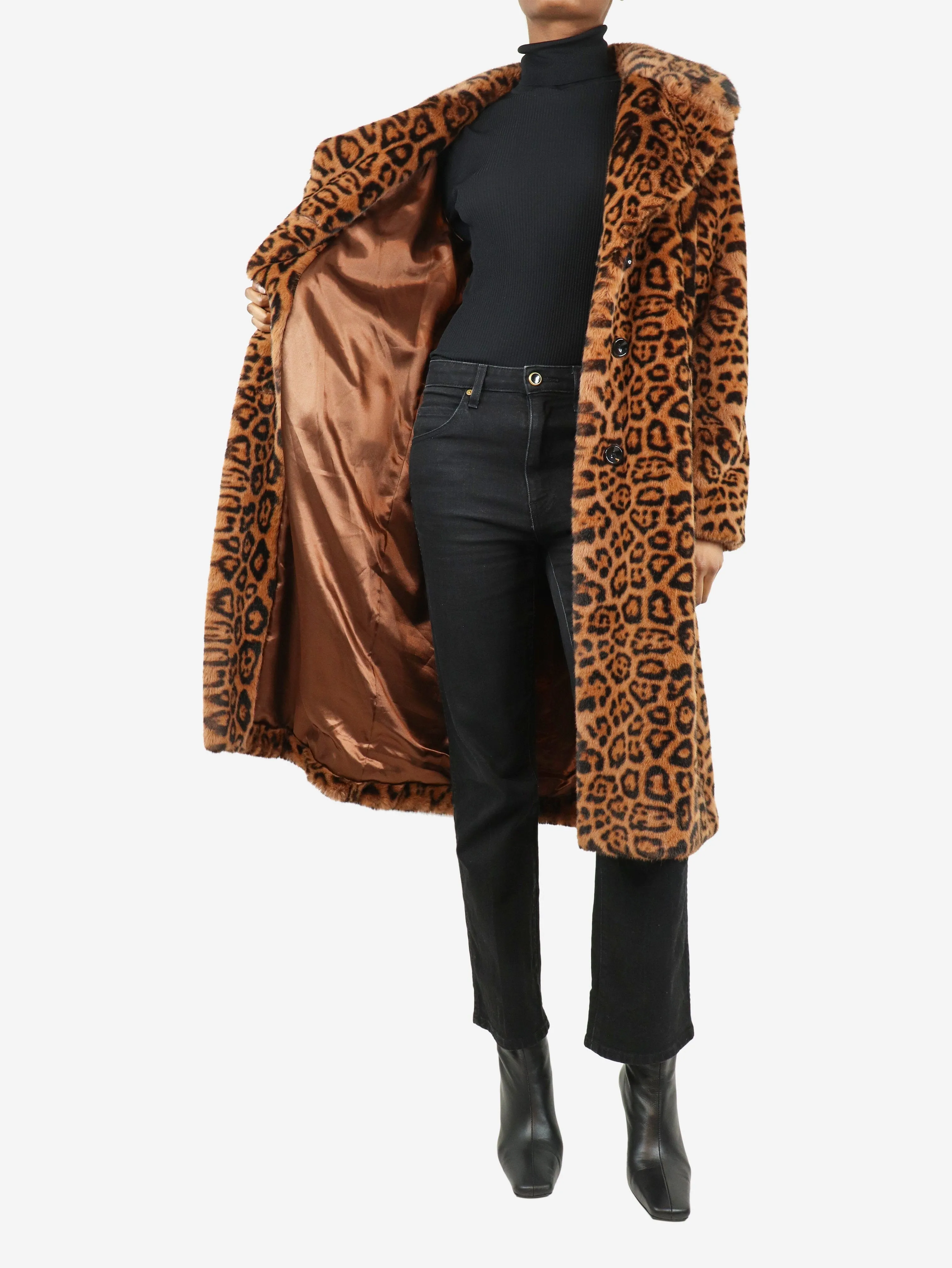 Brown Fanny faux fur leopard print coat - size UK 6