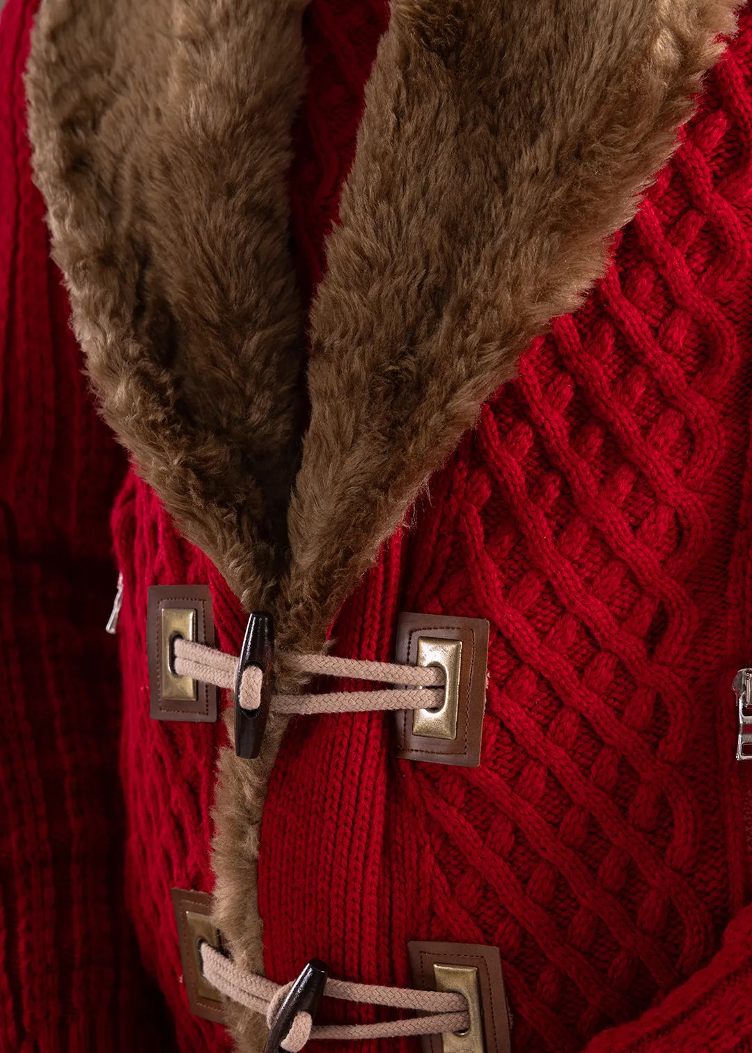 Full Zip Cable Knit Fur Collar Sweater Red