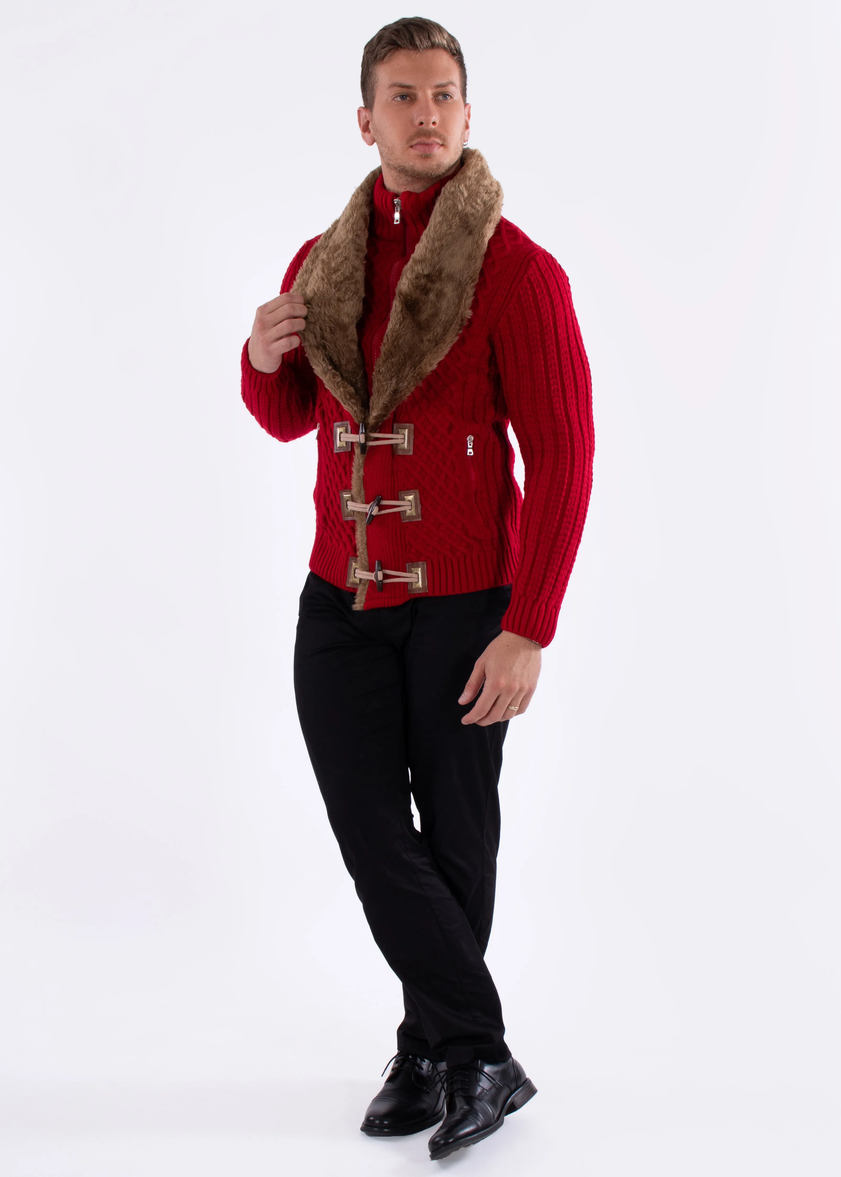Full Zip Cable Knit Fur Collar Sweater Red