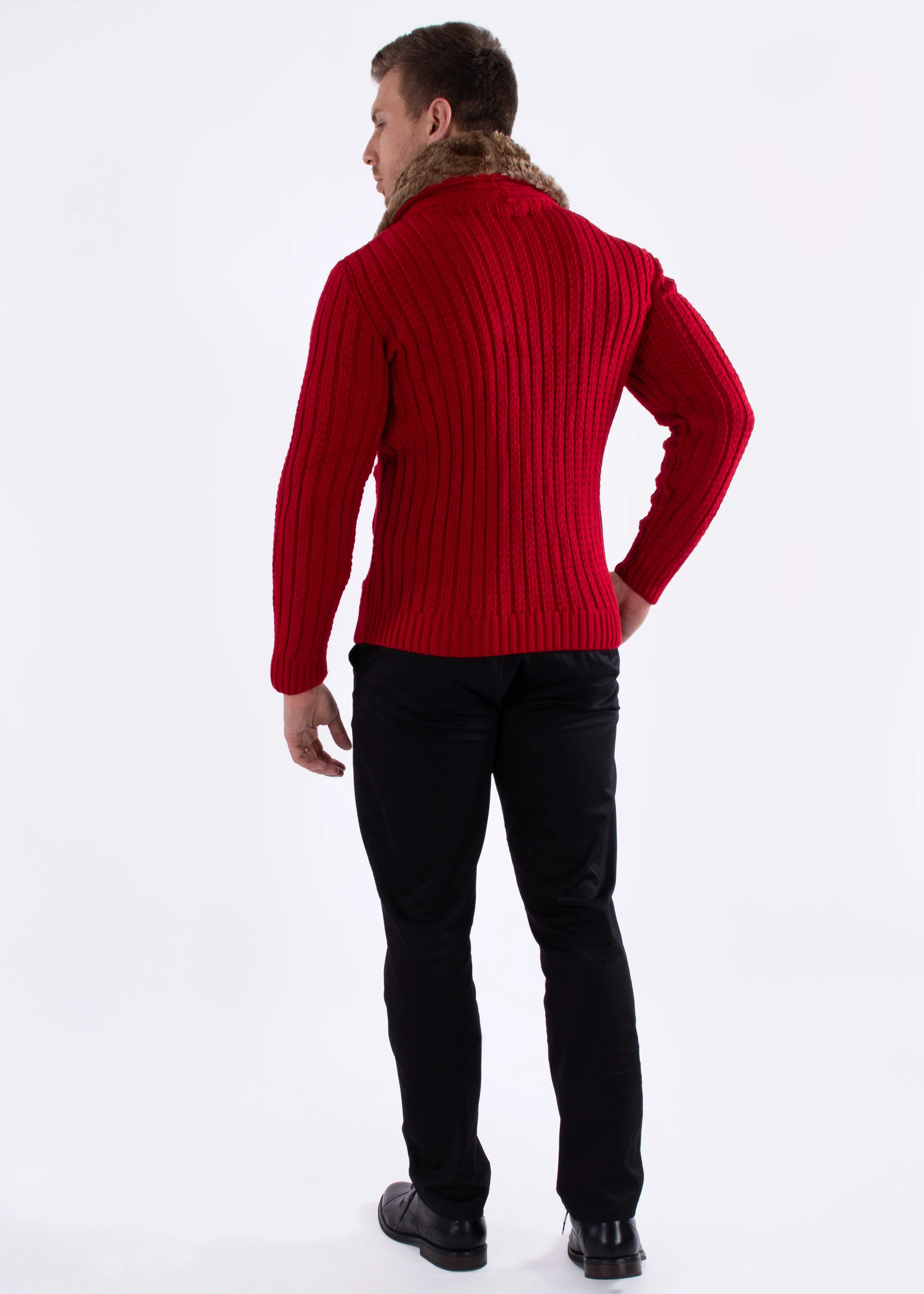 Full Zip Cable Knit Fur Collar Sweater Red